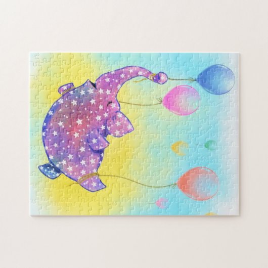 風船付き可愛飛んでいるい星カラフル象 ジグソーパズル (横)