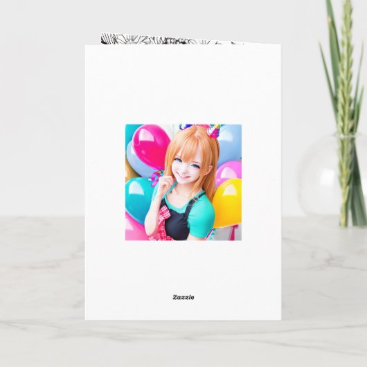 風船付き笑顔のアニメガール誕生日 カード (裏面)