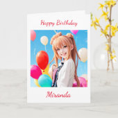 風船付き笑顔のアニメガール誕生日 カード (黄色い花)