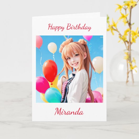 風船付き笑顔のアニメガール誕生日 カード (黄色い花)