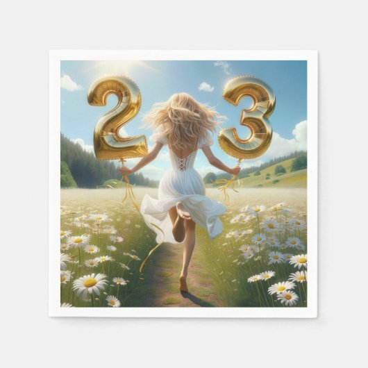 風船付き若い女性23誕生日 スタンダードカクテルナプキン (正面)