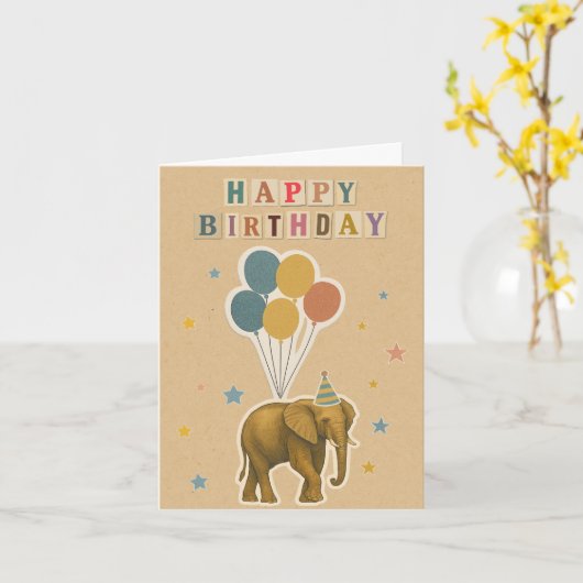 風船付き象誕生日カード カード (黄色い花)