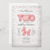 風船動物用レンガ紙吹雪ピンク2歳誕生日 招待状 (正面/裏面)