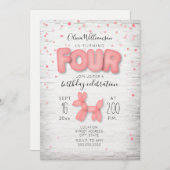 風船動物用レンガ紙吹雪ピンク4歳誕生日 招待状 (正面/裏面)