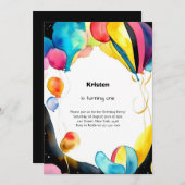 風船水彩1歳誕生日招待状 招待状 (正面/裏面)