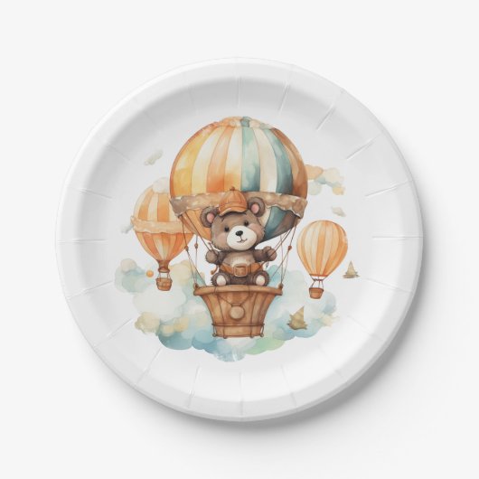 風船素朴入りキュートベア水彩ウッドランド ペーパープレート (正面)