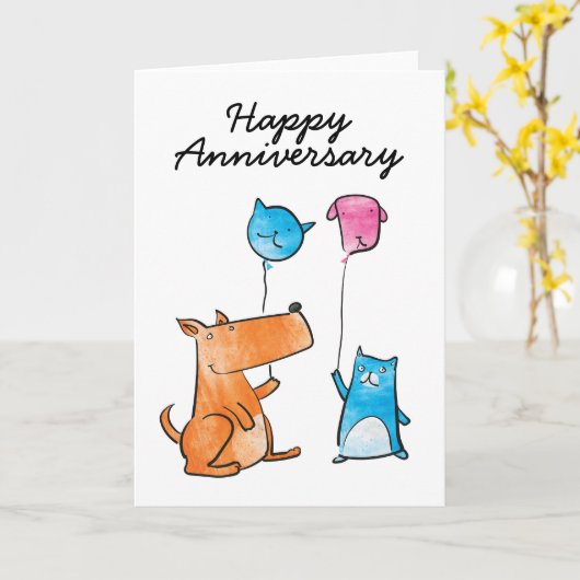 風船記念日カードを持つ犬と猫 カード (黄色い花)