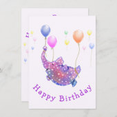 風船飛んでいる付き象ベビー誕生日カード (正面/裏面)