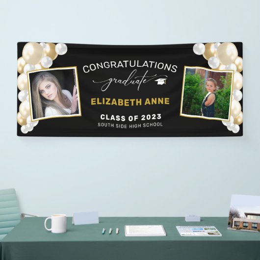 風船2枚の写真ブラックおめでとう卒業 横断幕 (トレードショー)