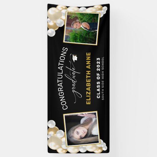 風船2枚の写真ブラックおめでとう卒業 横断幕 (縦)