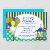 風船、カルーセル、サーカス カーニバル 誕生日パーティー 招待状 (正面/裏面)