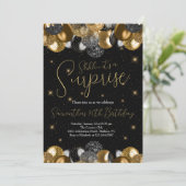 風船 サプライズ 誕生日 ブラック ゴールド グリッター 招待状 (スタンド正面)
