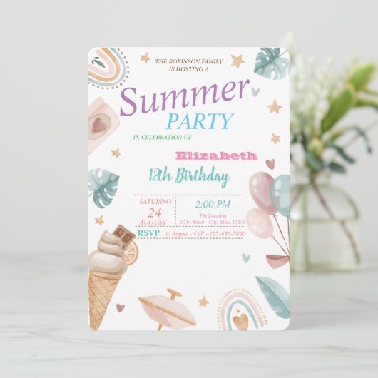 風船，虹，アイスクリームの夏の誕生日パーティー 招待状 (スタンド正面)