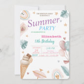 風船，虹，アイスクリームの夏の誕生日パーティー 招待状 (正面)