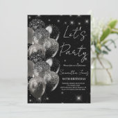 風船 誕生日 黒 銀 グリッター 招待状 (スタンド正面)