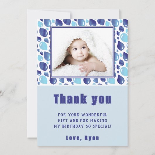 風船 青 こどもの写真 誕生日 サンキューカード (正面)