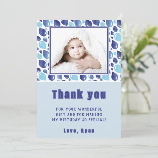 風船 青 こどもの写真 誕生日 サンキューカード (スタンド正面)