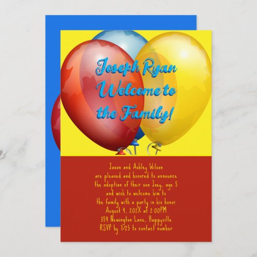 風船 養子縁組 パーティー 新しい息子 招待状 (正面/裏面)