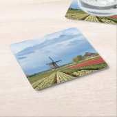 風車およびチューリップの景色のコースター スクエアペーパーコースター (アングル)