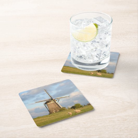 風車およびヒツジとの景色 スクエアペーパーコースター (インサイチュ)