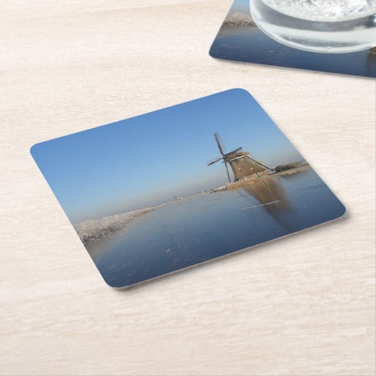 風車および氷との冬の景色 スクエアペーパーコースター (アングル)