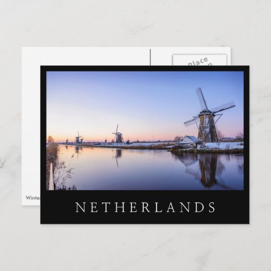 風車が冬の黒い文字はがき ポストカード (正面/裏面)
