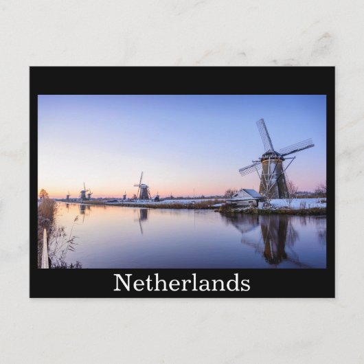 風車が冬の黒い文字はがき ポストカード (正面)