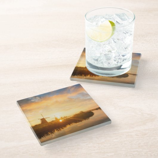 風車とオランダの川の日の出 ガラスコースター (アングル)