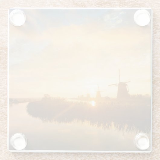 風車とオランダの川の日の出 ガラスコースター (裏面)