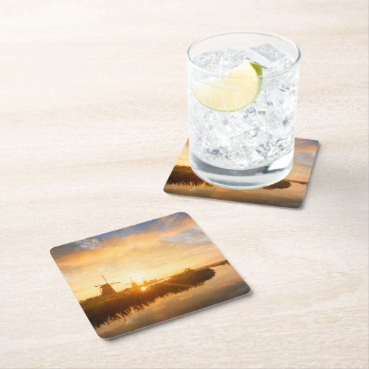 風車とオランダの川の日の出 スクエアペーパーコースター (インサイチュ)