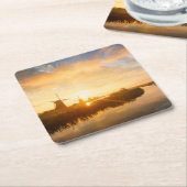 風車とオランダの川の日の出 スクエアペーパーコースター (アングル)