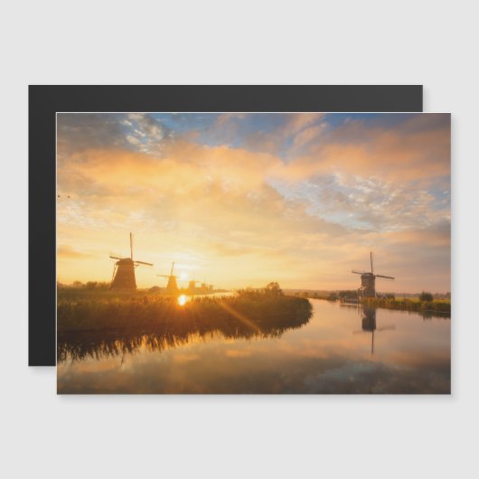 風車とオランダの川の日の出 マグネット招待状 (正面/裏面)