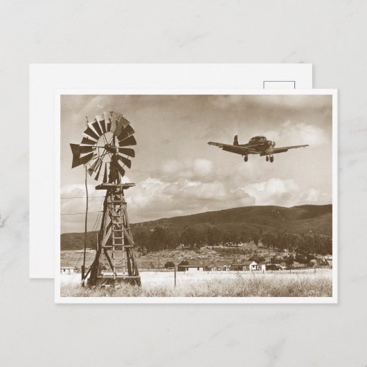 風車とヴィンテージ飛行機の写真 ポストカード (正面/裏面)