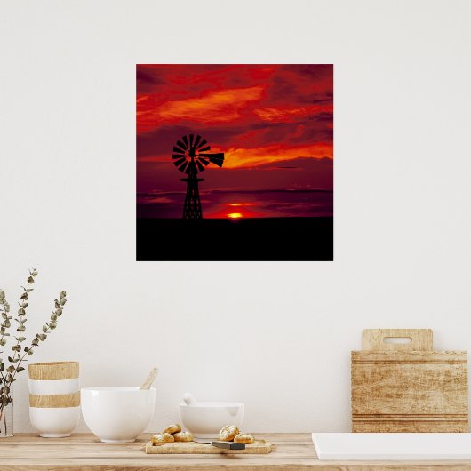 風車と日没 ポスター (キッチン)