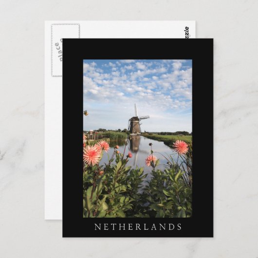 風車と花、オランダ縦型ブラックカード ポストカード (正面/裏面)
