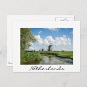 風車と運河3枚、オランダ白はがき ポストカード (正面/裏面)