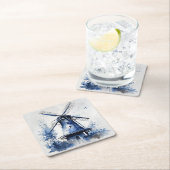 風車と青と白のデルフトスタイルの風景 スクエアペーパーコースター (インサイチュ)