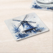 風車と青と白のデルフトスタイルの風景 スクエアペーパーコースター (アングル)