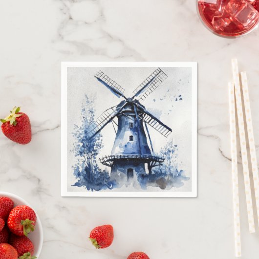 風車と青と白のデルフトスタイルの風景 スタンダードカクテルナプキン (インサイチュ)