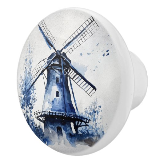 風車と青と白のデルフトスタイルの風景 セラミックノブ (右)