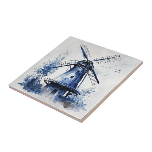 風車と青と白のデルフトスタイルの風景 タイル (側面)