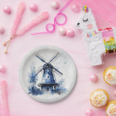 風車と青と白のデルフトスタイルの風景 ペーパープレート (パーティー)