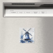 風車と青と白のデルフトスタイルの風景 マグネット (インサイチュ (食洗機))