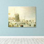 風車のそばのスケーターのいる冬の風景 キャンバスプリント (インサイチュ (ウッドフロア))