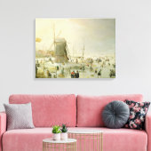 風車のそばのスケーターのいる冬の風景 キャンバスプリント (インサイチュ (リビング))