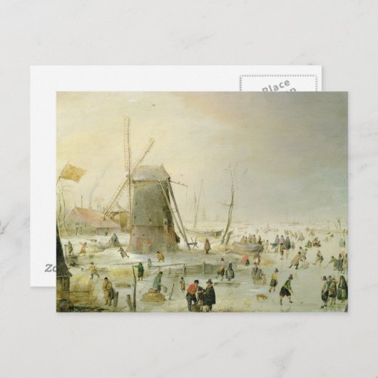 風車のそばのスケーターのいる冬の風景 ポストカード (正面/裏面)