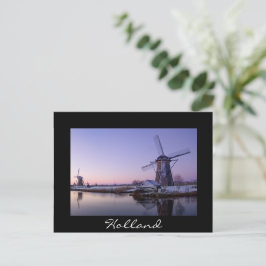 風車の上の日の出、黒い文字の葉書 ポストカード (スタンド正面)