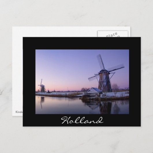 風車の上の日の出、黒い文字の葉書 ポストカード (正面/裏面)