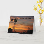 風車の日没のBirthydayカード カード (黄色い花)