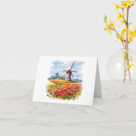 風車の水の色のあいさつ空白のつ カード (黄色い花)